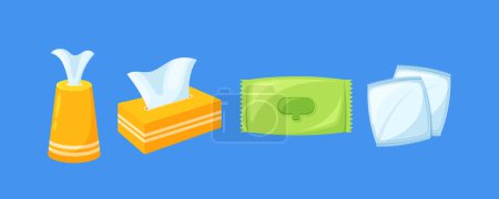 Illustration for Hygiene Paper Items Include Tissues, Sanitary Pads and Napkins Designed For Personal And Household Use To Maintain Cleanliness And Hygiene. Isolated Cartoon Elements, Vector Illustration, Icons - Royalty Free Image