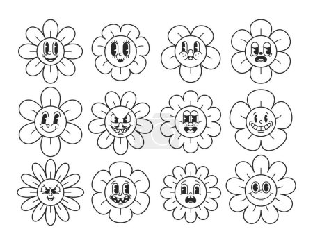 Illustration for Cartoon Black and White Daisy Emoticons, Retro Daisies With Expressive Emotions. Happy, Sad, Angry, Bored And Grumpy Flower Faces, Whimsical And Playful Monochrome Characters. Vector Illustration - Royalty Free Image
