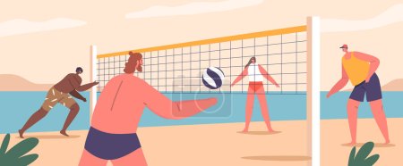 Enérgicos personajes femeninos masculinos que participan en el voleibol de playa, buceando y pinchando la pelota a través de una red en Sandy Shores, creando un ambiente animado y competitivo. Dibujos animados Gente Vector Ilustración