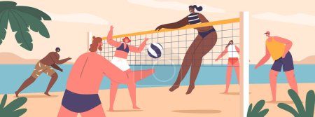 Młode postacie grają w siatkówkę plażową na Sandy Courts, ciesząc się słońcem, piaskiem i pracą zespołową. Gra polega na podkręcaniu, obsłudze i ustawianiu piłki nad siecią. Ilustracja wektor ludzi z kreskówek