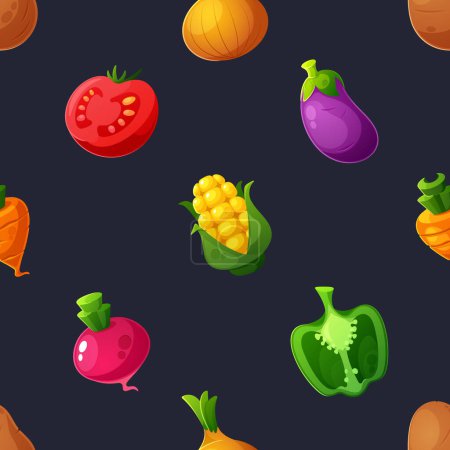 Illustration for Seamless Pattern Featuring Vegetables Such As Carrot, Tomato, Bell Pepper, Eggplant, Beet And Onion, Repeated Design For Kitchen Decor Or Food-related Projects. Cartoon Vector Illustration - Royalty Free Image