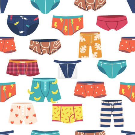 Illustration for Seamless Pattern Featuring An Assortment Of Mens Panties, Showcasing A Stylish And Varied Collection Of Designs Perfect For Fashion-related Projects And Clothing Graphics. Cartoon Vector Illustration - Royalty Free Image