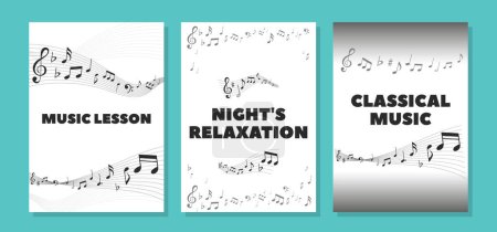 Illustration for Banners with Musical Note Waves And Treble Clef Signs On Stave. Monochrome Melody Swirl For Music Lesson, Jazz Club, Folk Fest, Classical Opera Concert Or Orchestra Performance, Vector Backgrounds - Royalty Free Image