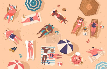 Ilustración de Multitud en una playa vista desde una vista superior. Los personajes para tomar el sol, los paraguas, las toallas coloridas y las esteras, las aletas, las colchonetas y las máscaras crean una escena animada y relajante. Dibujos animados Gente Vector Ilustración - Imagen libre de derechos
