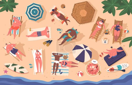Téléchargez les illustrations : Des foules de gens sur une plage avec des parasols, des chaises longues vues d'en haut. Personnages Bain de soleil, natation et profiter de l'océan, créer une atmosphère vibrante et animée. Illustration vectorielle de bande dessinée - en licence libre de droit