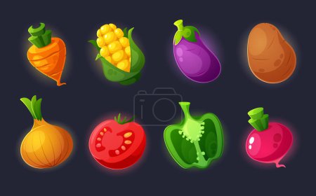 Illustration for Vegetable Game Icons, Cartoon Carrot, Corn Cob, Eggplant and Potato. Onion, Tomato, Bell Pepper and Beetroot. Glowing Farm Veggies, UI or Gui Props Elements, Isolated Plants. Vector Illustration - Royalty Free Image