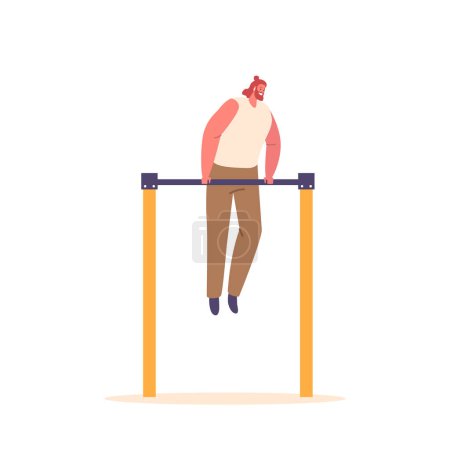 Illustration for Strong Calisthenics Athlete Male Character Performs Powerful Pull-up On The Bar, Showcasing Impressive Upper Body Strength And Control Isolated on White Background. Cartoon People Vector Illustration - Royalty Free Image