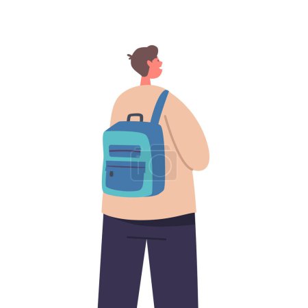 Illustration for Schoolboy With A Backpack On His Back, Seen From Behind, Ready For A Day Of Learning And Adventure. Teen Boy Character Rear View Isolated On White Background. Cartoon People Vector Illustration - Royalty Free Image