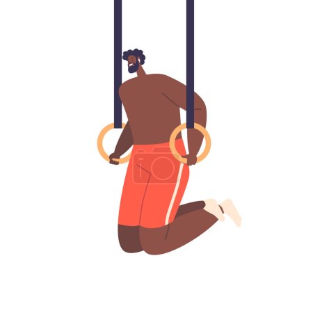 Illustration for Calisthenics Athlete male Character Effortlessly Performs Push-ups On Gymnastic Rings, Showcasing Strength, Balance, And Control In A Challenging Workout Setting. Cartoon People Vector Illustration - Royalty Free Image