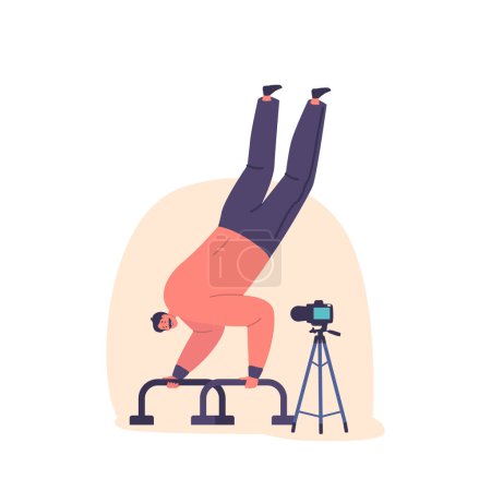 Illustration for Man Performing A Handstand Exercise On The Calisthenics Bars and Recording Video Tutorial on Camera for Streams or Blogs. Male Character Sportsman doing Workout. Cartoon People Vector Illustration - Royalty Free Image