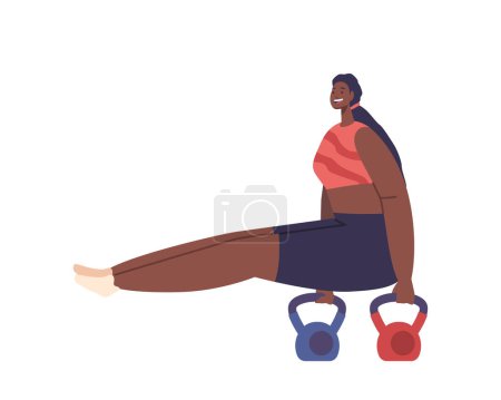 Illustration for Powerful Black Woman With Sculpted Muscles Performing Challenging Kettlebell Calisthenics Workout In L-sit Position At Gym, Showcasing Strength And Determination. Cartoon People Vector Illustration - Royalty Free Image