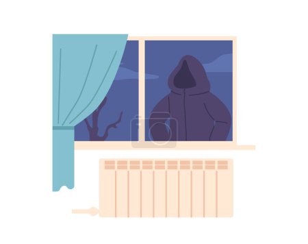 Illustration for Eerie Dark Window Frames with Mysterious Figure Lurking Behind, Evoking A Sense Of Suspense And Unease, Sending Chills Down The Spine With Its Unseen Presence In Darkness. Cartoon Vector Illustration - Royalty Free Image