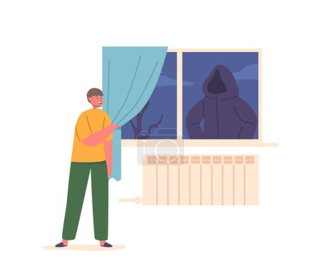 Illustration for Fearful Child Boy Character Peers Through Window, Haunted By Imagined Monster or Stranger in Hood Lurking Beyond The Glass, A Mere Figment Of Their Overactive Imagination. Cartoon Vector Illustration - Royalty Free Image