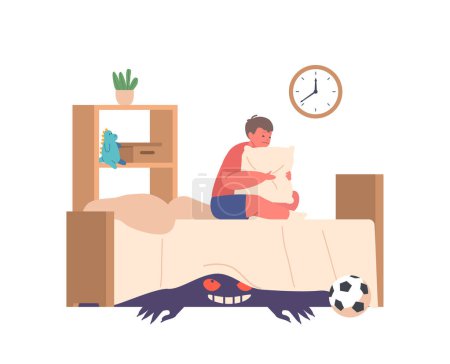 Illustration for Terrified Child Boy Character with Closed Eyes, Hugging the Pillow, Peering Into Darkness. Imagination Runs Wild, Fearing A Lurking Monster Beneath The Bed Ready To Pounce. Cartoon Vector Illustration - Royalty Free Image