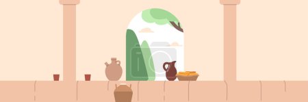 Ilustración de Diseño rústico y simplista con una mesa de madera resistente, jarra de cerámica y pan recién horneado, evocando un ambiente cálido y acogedor. Fondo de dibujos animados con comida y vajilla. Ilustración vectorial - Imagen libre de derechos