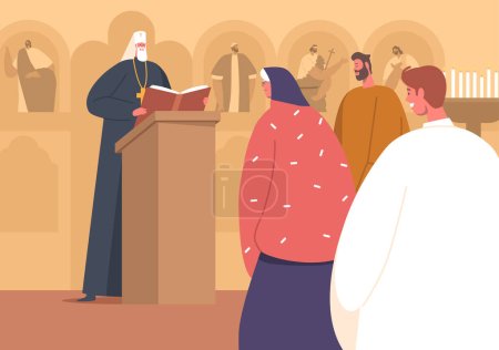 Service In The Orthodox Church with Priest and Prayer Characters. Solemn And Ritualistic Ceremony, Filled With People, Hymns, And The Sacraments, Conducted By Clergy. Cartoon Vector Illustration