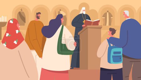 Illustration for Traditional Liturgical Worship In Orthodox Church, Consisting Of Prayers, Scripture Readings, And Sacraments, Guided By The Clergy. Aiming To Connect Worshipers With God. Cartoon Vector Illustration - Royalty Free Image