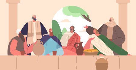 Jesus Last Supper Scene Depicted Jesus And His Disciples Biblical Characters Gathered Around A Table, Sharing A Meal Bread and Wine Before His Crucifixion. Cartoon People Vector Illustration