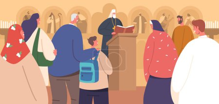 Illustration for Characters on Liturgy In Orthodox Church during Traditional And Sacred Service or Ritual. Religious Chants, Fostering A Deeply Spiritual Atmosphere For Worshipers. Cartoon People Vector Illustration - Royalty Free Image