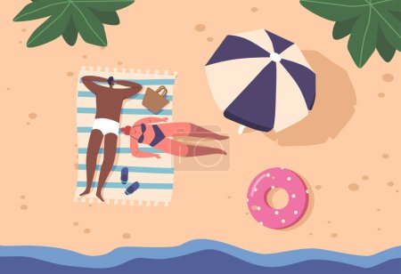 Illustration for Top View Of A Serene Beach Scene, With A Couple Lying On The Sandy Shore, Enjoying The Sun And Peaceful Surroundings. Male and Female Characters Relax on Towel. Cartoon People Vector Illustration - Royalty Free Image
