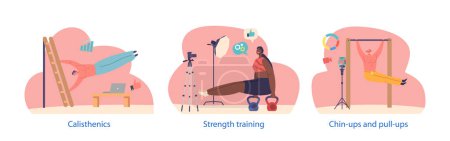 Illustration for Isolated elements with Athletes Blogger Characters Record Calisthenics Exercises On Camera, Capturing Impressive Feats Of Strength, Flexibility And Endurance. Cartoon People Vector Illustration - Royalty Free Image