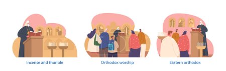 Illustration for Isolated Elements with Characters Attend Orthodox Church Service. Men and Women Listening Priest Reading Liturgy, Conducting Sacral Rituals and Ceremonies. Cartoon People Vector Illustration - Royalty Free Image