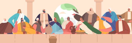 Illustration for Last Supper Scene Depicts Jesus Sharing Meal With Disciples Before Crucifixion, Symbolizing Institution Of Eucharist And Imminent Events Of His Betrayal And Sacrifice. Character. Vector Illustration - Royalty Free Image