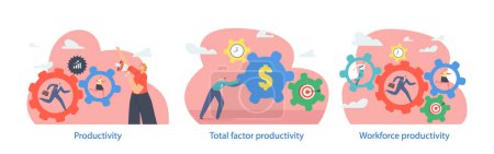Illustration for Isolated Elements with Characters Perform Productivity In Business, Refer To Efficiency And Effectiveness Which Leading To Increased Profitability And Success. Cartoon People Vector Illustration - Royalty Free Image