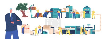 Illustration for Paper Production Process Set. Workers Making Papers Products, Cleaning Pulp, Raw Wood Manufacturing, Factory Industrial Press Machine, Industry Turning Log In Cardboard. Cartoon Vector Illustration - Royalty Free Image