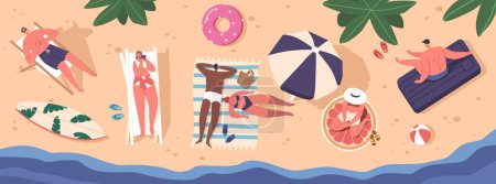 Ilustración de Personajes Relajándose en una playa bañada por el sol, esparciendo toallas coloridas en arena dorada, con paraguas o pizarra, y disfrutando de la relajante vista superior de las olas. Dibujos animados Gente Vector Ilustración - Imagen libre de derechos