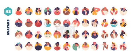 Téléchargez les illustrations : Ensemble diversifié d'avatars mettant en vedette une gamme de personnages féminins masculins uniques, parfaits pour représenter des individus dans des environnements virtuels, des jeux et des plateformes en ligne. Illustration vectorielle des personnages de bande dessinée - en licence libre de droit