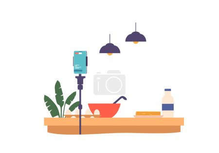 Illustration for Food Bloggers Kitchen Interior, Equipped With Desk and Cooking Ingredients, Camera, Well-lit Space, Props, And Backdrop Options For Capturing Delicious Culinary Creations. Cartoon Vector Illustration - Royalty Free Image