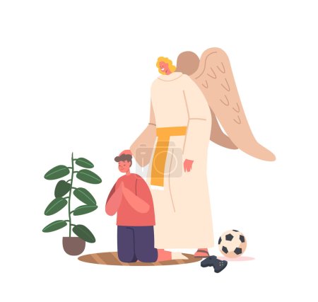 Illustration for Angel Keeper Character Attentively Listens To The Childs Prayers, Providing Comfort And Guidance, Their Ethereal Presence Offering Solace And Protection. Cartoon People Vector Illustration - Royalty Free Image