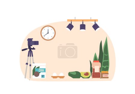 Téléchargez les illustrations : Food Bloggers Kitchen Interior dispose d'une caméra, complète avec éclairage, accessoires et espace de cuisson bien équipé pour capturer des plats délicieux sous la forme la plus appétissante. Illustration vectorielle de bande dessinée - en licence libre de droit
