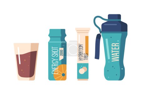 Illustration for Sports Nutrition Providing Athletes With The Necessary Nutrients To Optimize Their Performance And Aid In Recovery. It Includes Water, Hydration Tabs and Energy Shots. Cartoon Vector Illustration - Royalty Free Image
