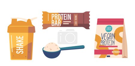 Illustration for Sports Nutrition Vegan Protein, Spoon with Powder, Shake and Bar Supplements Focuses On Optimizing Athletic Performance Through Proper Nutrition And Hydration. Cartoon Vector Illustration - Royalty Free Image