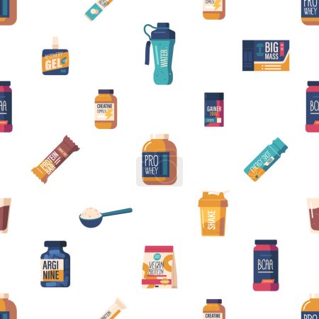Illustration for Seamless Pattern Featuring Vibrant Sports Nutrition, Such As Protein Shakes, And Energy Bars, Creating A Visually Captivating Repeated Design For Athletic Enthusiasts. Cartoon Vector Illustration - Royalty Free Image