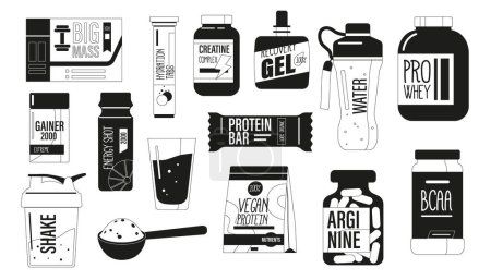 Illustration for Sports Nutrition Black and White Icons Set, Specialized Dietary Food for Athletes Include Proper Hydration, Macronutrient Balance, Supplementation, Shake, Powder and Drink. Cartoon Vector Illustration - Royalty Free Image