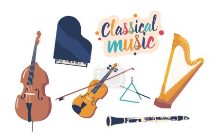 Illustration for Set Of Classical Musical Instruments. Grand Piano, Cello And Harp Or Violin, Double Bass And Triangle with Clarinet for Music Performance Isolated on White Background. Cartoon Vector Illustration - Royalty Free Image
