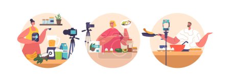 Ilustración de Iconos redondos aislados o avatares con personajes de bloggers de alimentos muestran recetas de nutrición deportiva en cámara, inspirando a los espectadores con comidas saludables y nutritivas. Dibujos animados Gente Vector Ilustración - Imagen libre de derechos