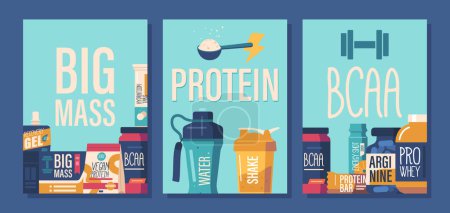 Ilustración de Los Banners de Nutrición Deportiva muestran una gama de productos diseñados para mejorar el rendimiento atlético, ayudar en la recuperación muscular y promover la salud y la aptitud general. Ilustración de vectores de dibujos animados - Imagen libre de derechos