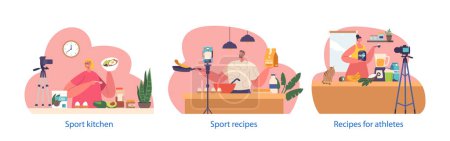 Illustration for Isolated Elements with Food Blogger Characters Cooking Sport Nutrition On Camera, Captivating Viewers With Healthy And Delicious Recipes, Perfect Balance Of Nutrients. Cartoon Vector Illustration - Royalty Free Image