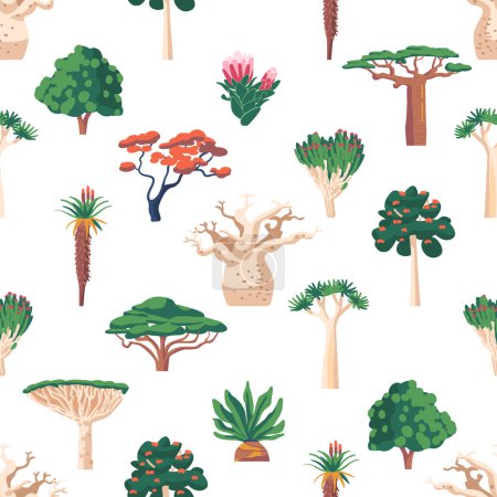 Illustration for Seamless Pattern Showcases The Lush African Vegetation, Incorporating An Array Of Plants, Trees And Foliage That Capture The Essence Of The Continents Natural Beauty. Cartoon Vector Illustration - Royalty Free Image