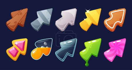 Game Cursor Icons Featuring A Vibrant And Diverse Collection Of Textures such as Wooden, Metal, Stone and Golden. Gingerbread, Crystal, Liquid and Glass or Goo and Candy. Cartoon Vector Illustration