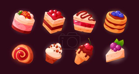 Téléchargez les illustrations : Jeu Sweet Cupcake Icônes Set. Adorables bonbons de boulangerie avec garnitures colorées et dessins. Confiserie, crêpes ou crème glacée ajoutant une touche délicieuse à l'expérience de jeu. Illustration vectorielle de bande dessinée - en licence libre de droit