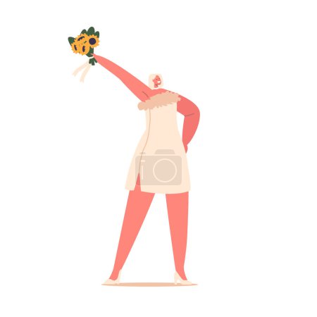 Téléchargez les illustrations : Mariée rayonnante personnage tenant un beau bouquet de fleurs, ajoutant élégance et charme à son ensemble de mariage, symbolisant l'amour et le bonheur. Illustration vectorielle des personnages de bande dessinée - en licence libre de droit