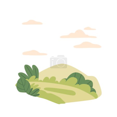 Illustration for Vibrant Green Field Nestled Between Rolling Hills, Creating A Picturesque Landscape That Evokes Tranquility And Natural Beauty. Cartoon Vector Illustration - Royalty Free Image