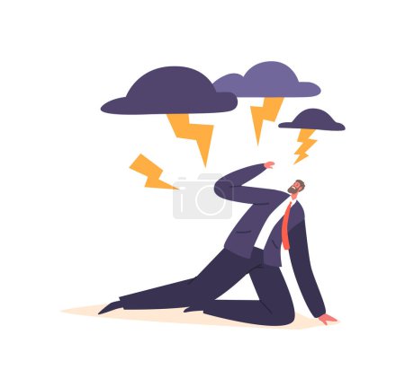 Illustration for Lightning-phobic Male Character Experiences Extreme Fear And Anxiety In Presence Of Lightning Bolts, Seeking Shelter And Feeling Distressed During Thunderstorms. Cartoon People Vector Illustration - Royalty Free Image