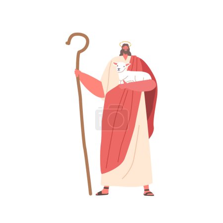 Illustration for Jesus Christ Biblical Character Holding A Lamb And A Staff, This Image Symbolizes His Role As The Gentle Shepherd, Guiding And Protecting His Followers. Cartoon People Vector Illustration - Royalty Free Image
