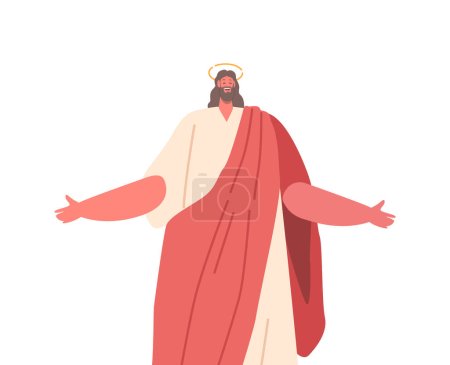 Illustration for Smiling Jesus Character with Joyful Expression, Outstretched Arms, Radiating Love And Warmth. Smiling And Joyful, Jesus Exudes Happiness, Positivity, Bringing Hope. Cartoon People Vector Illustration - Royalty Free Image